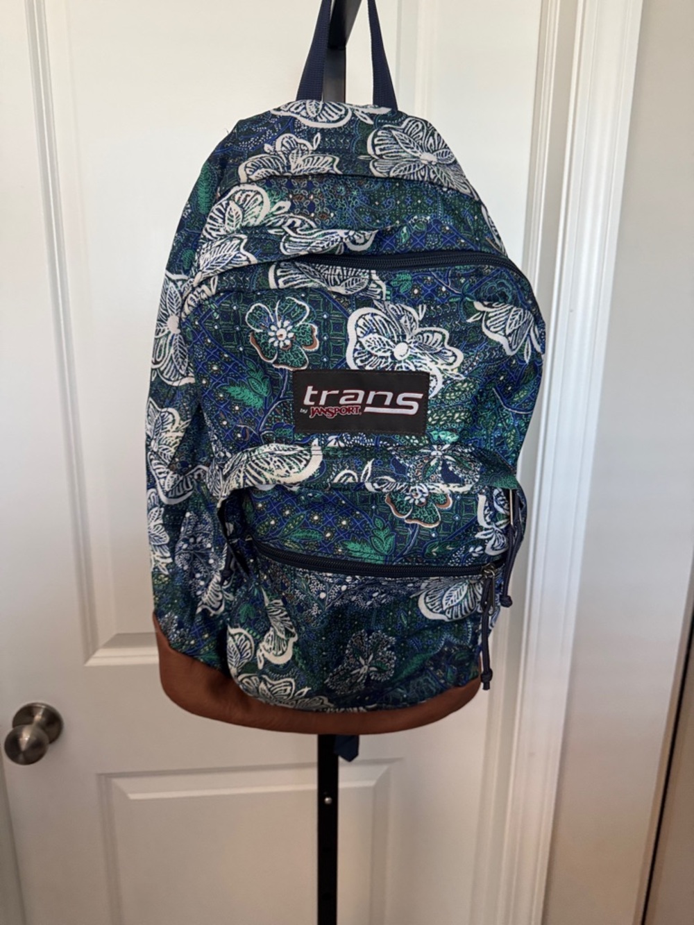 Jansport Navy & Green Floral Backpack with Brown Trim